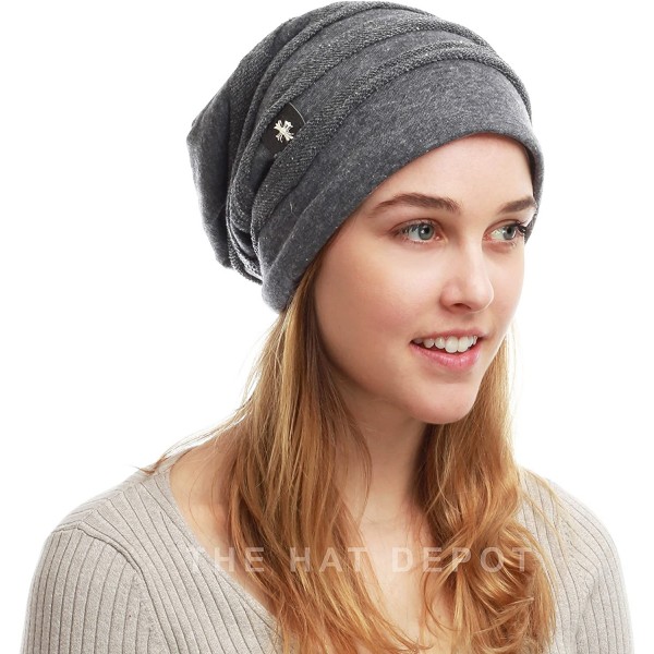 Skullies & Beanies Vintage Horizontal Long Slouchy Baggy Beanie Cross Badge Lined Winter Hat - Charcoal - CH12MZOFX28 $10.80