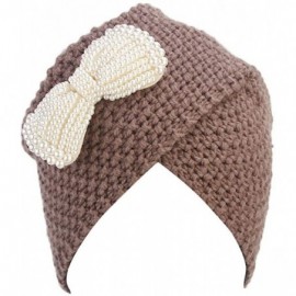 Skullies & Beanies Women Ladies Winter Knitting Hat Turban Brim Hat Wrap Pile Cap with Bow-Knot - Coffee - C718I8O6EYI $9.36