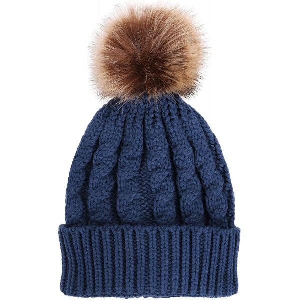 Skullies & Beanies Women's Winter Soft Chunky Cable Knit Pom Pom Beanie Hats Skull Ski Cap - Denim Blue - CH188ANS44Q $11.99