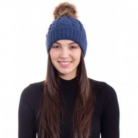 Skullies & Beanies Women's Winter Soft Chunky Cable Knit Pom Pom Beanie Hats Skull Ski Cap - Denim Blue - CH188ANS44Q $11.99