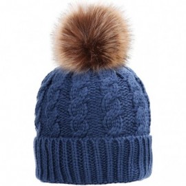 Skullies & Beanies Women's Winter Soft Chunky Cable Knit Pom Pom Beanie Hats Skull Ski Cap - Denim Blue - CH188ANS44Q $11.99