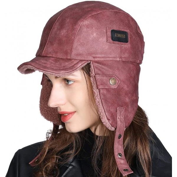 Bomber Hats Aviator Hat Faux Leather Pilot Cap Adult Men Winter Trapper Hunting Hat - 00795_red - CO193TTMSIZ $24.21