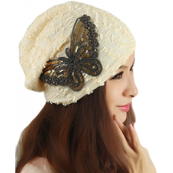 Skullies & Beanies Womens Lace Sequin Butterfly Beanie Hat Cap Turban - Beige - C8127J3EPA7 $11.27