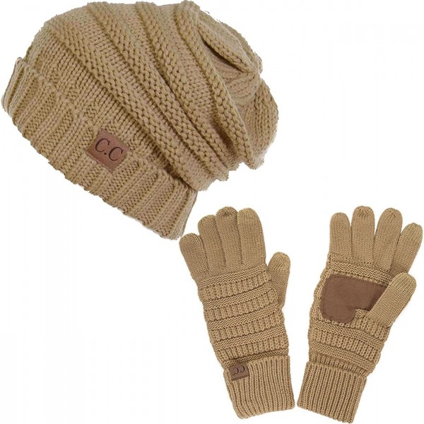 Skullies & Beanies 2pc Oversized Cable Knit Slouchy Beanie and Matching Gloves Set - Camel - C8184Y59Q4G $17.67