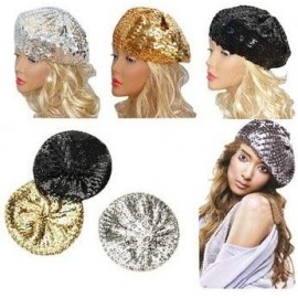 Berets Sparkle Sequine Adjustable Beanie Beret Hat Performance Cap - Silver - CC11XEUNNB3 $9.82