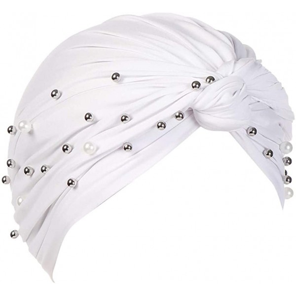 Bomber Hats Women Muslim Turban Pearl Hat Bonnet Hijab Headscarf Islamic Chemo Cap - White - CY18RYTZXHT $9.94