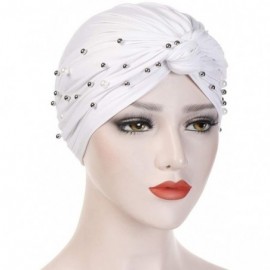 Bomber Hats Women Muslim Turban Pearl Hat Bonnet Hijab Headscarf Islamic Chemo Cap - White - CY18RYTZXHT $9.94