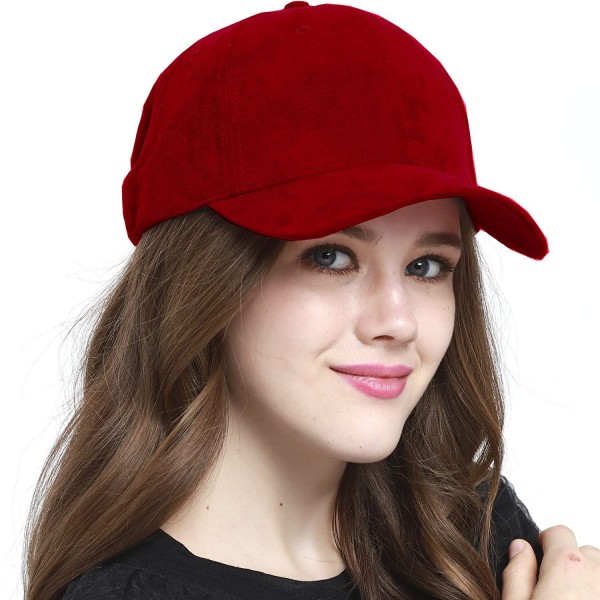 Baseball Caps Everyday Faux Suede 6 Panel Solid Suede Baseball Adjustable Cap Hat - Red - C312N1BW3IU $10.96