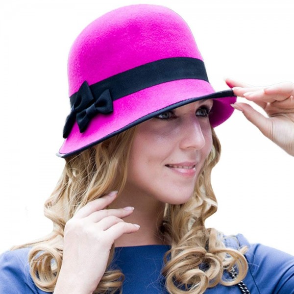 Fedoras Women Wool Bowler Fedora Hat Floppy Cloche Winter Curl Brim Bowknot Hats - Purple Red - CL18M5C7UTI $17.29