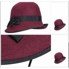 Fedoras Women Wool Bowler Fedora Hat Floppy Cloche Winter Curl Brim Bowknot Hats - Purple Red - CL18M5C7UTI $17.29