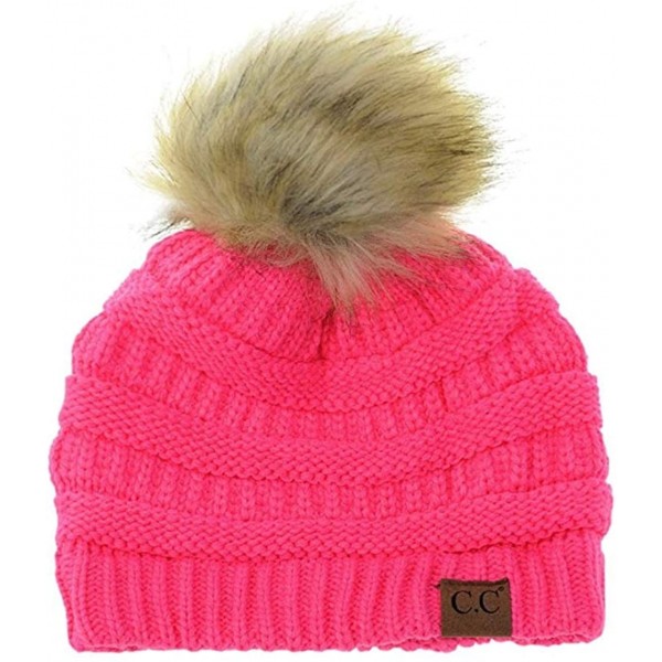 Skullies & Beanies Soft Warm Cable Knit Faux Fur Pom Pom Winter Skull Cap - Candy Pink - C718Y8AUA7W $11.47