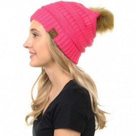 Skullies & Beanies Soft Warm Cable Knit Faux Fur Pom Pom Winter Skull Cap - Candy Pink - C718Y8AUA7W $11.47