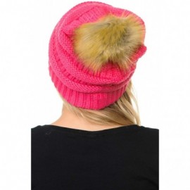 Skullies & Beanies Soft Warm Cable Knit Faux Fur Pom Pom Winter Skull Cap - Candy Pink - C718Y8AUA7W $11.47