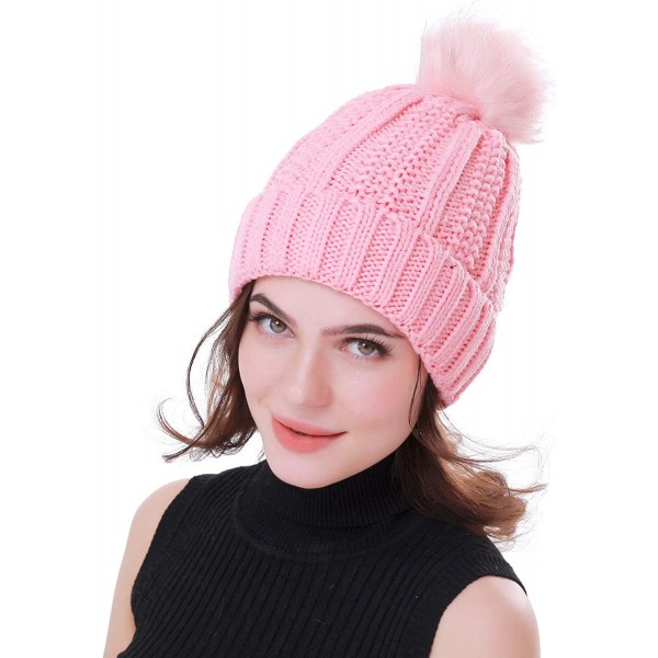 Skullies & Beanies Women Winter Soft Warm Ski Cap Knit Slouchy Beanie Chunky Baggy Hat with Faux Fur Pompom - Pink - CB18YE52...