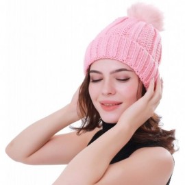 Skullies & Beanies Women Winter Soft Warm Ski Cap Knit Slouchy Beanie Chunky Baggy Hat with Faux Fur Pompom - Pink - CB18YE52...