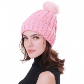 Skullies & Beanies Women Winter Soft Warm Ski Cap Knit Slouchy Beanie Chunky Baggy Hat with Faux Fur Pompom - Pink - CB18YE52...