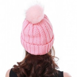 Skullies & Beanies Women Winter Soft Warm Ski Cap Knit Slouchy Beanie Chunky Baggy Hat with Faux Fur Pompom - Pink - CB18YE52...