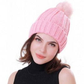 Skullies & Beanies Women Winter Soft Warm Ski Cap Knit Slouchy Beanie Chunky Baggy Hat with Faux Fur Pompom - Pink - CB18YE52...