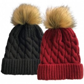 Skullies & Beanies Women Cable Knit Slouchy Thick Winter Hat Beanie Pom Pom 1- 2 and 3 Pack - 2 Pack (Black & Burgundy) - C71...