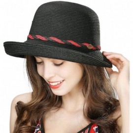 Sun Hats Womens Wide Roll Up Brim Packable Straw Sun Cloche Hat Fedora Summer Beach 55-58cm - Black_00011 - CA18QEX465O $17.83