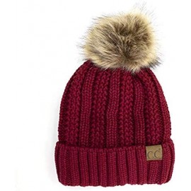 Skullies & Beanies Cable Knit Beanie with Faux Fur Pom - Warm- Soft- Thick Beanie Hats for Women & Men - Burgundy - CN18A0QI9...