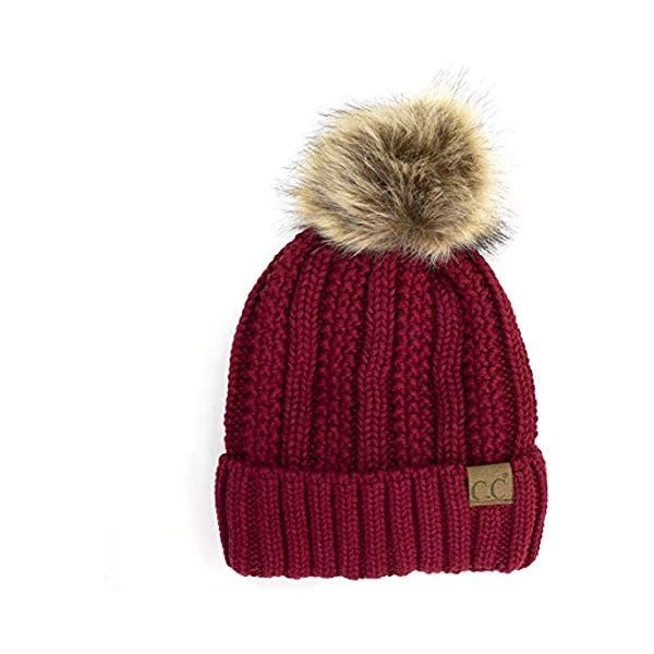 Skullies & Beanies Cable Knit Beanie with Faux Fur Pom - Warm- Soft- Thick Beanie Hats for Women & Men - Burgundy - CN18A0QI9...
