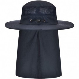 Sun Hats Mens Outdoor Sun Protection Wide Brim Bucket Sun hat fishmen Cap with Neck Face Flap - Navy - CV196S9HA0L $17.59